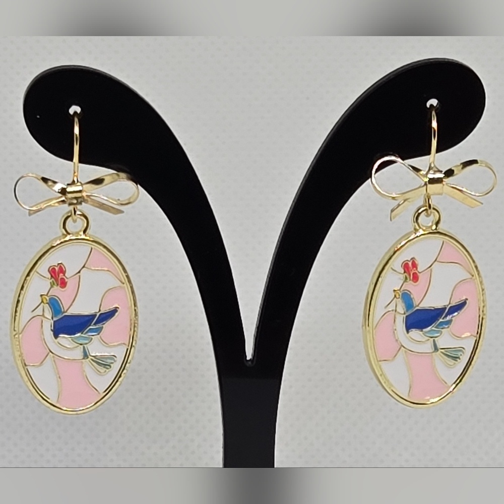 Enamel oval earrings - blue birds